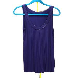 Theory Blue Sleeveless Pleated‎ Blouse Top Beaded Neckline